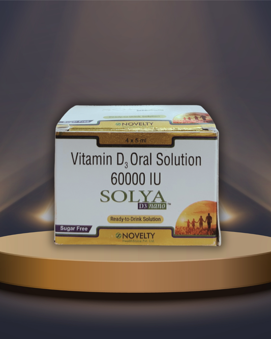 Solya Vitamin D3 Oral Solution packaging on a reflective surface with a gradient background
