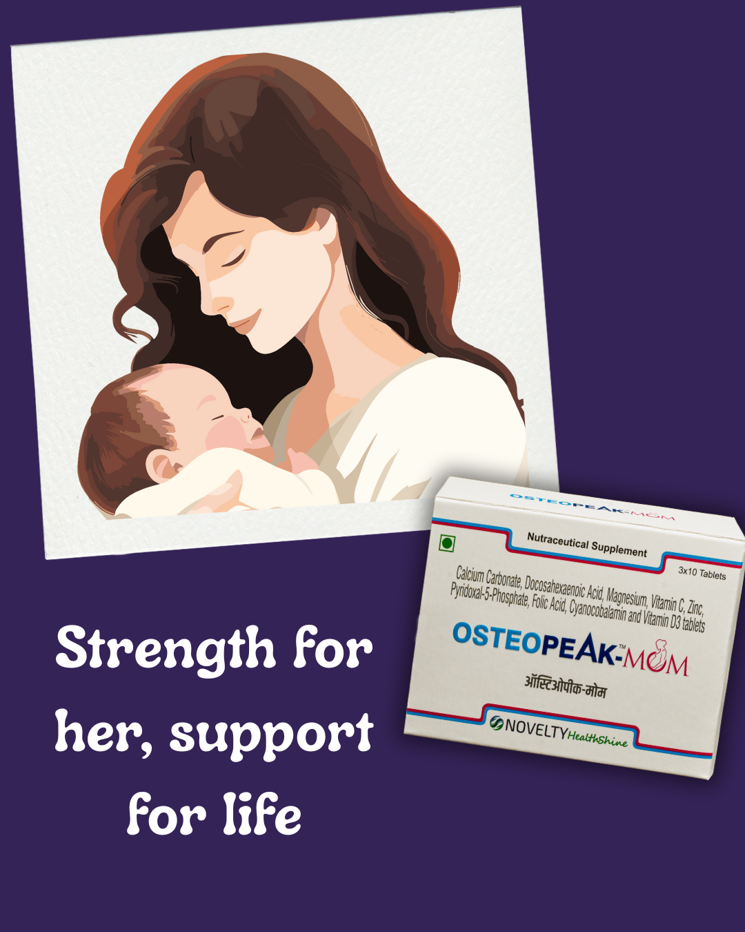 Osteopeak Mom supplement packaging with illustration of a woman holding a baby on a purple background with text strength for her, support for life.