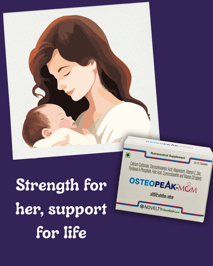 Osteopeak Mom supplement packaging with illustration of a woman holding a baby on a purple background with text strength for her, support for life.