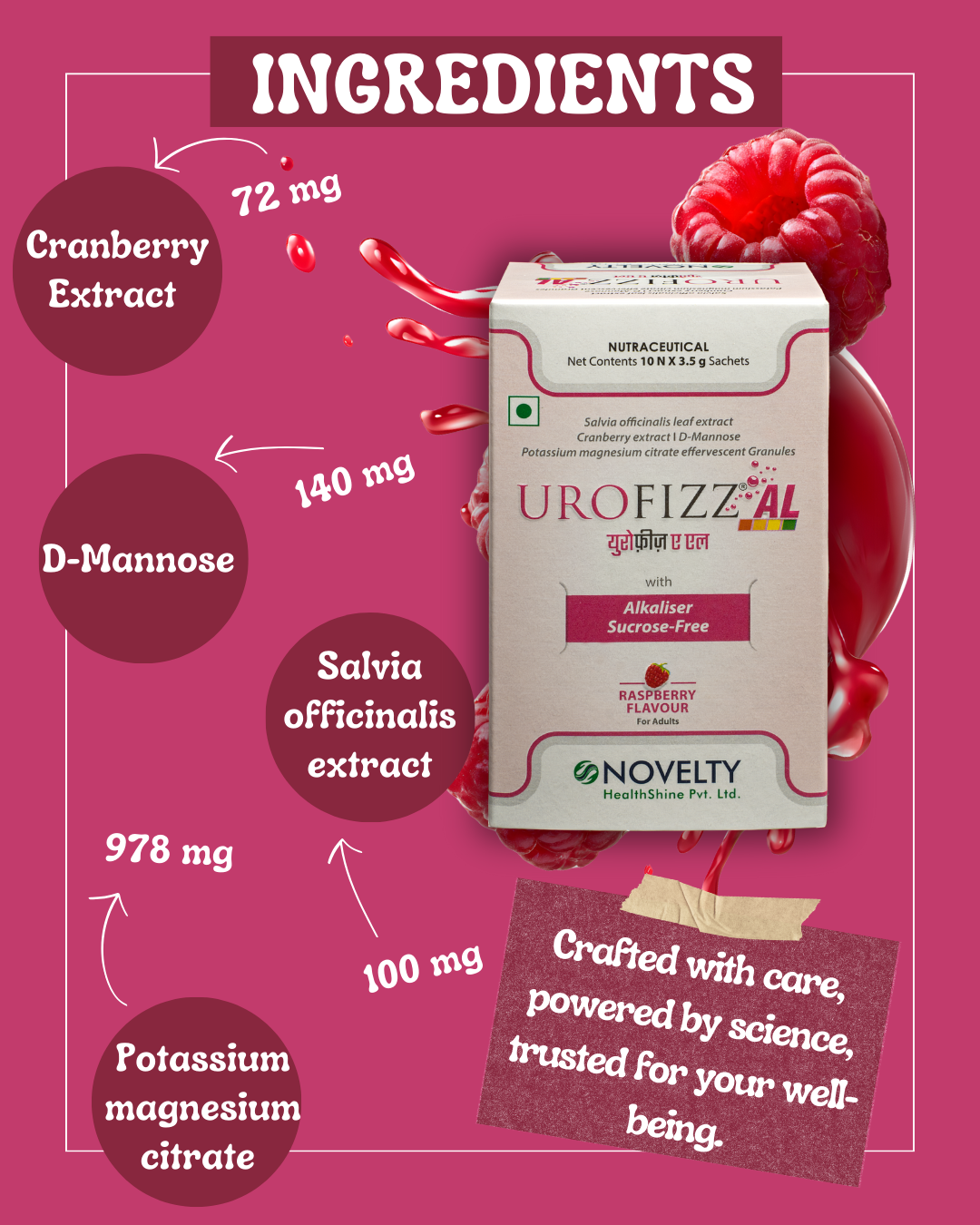 UroFizz-AL is a blend of Cranberry Extract, D-Mannose, Salvia officinalis extract & Potassium magnesium citrate 