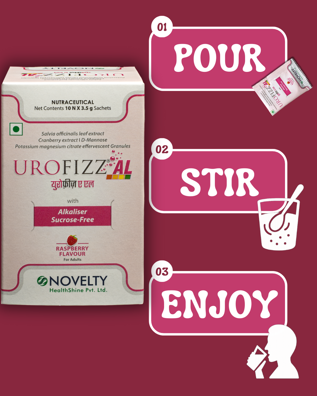 Urofizz-AL supplement sachet box with 'Drop, Fizz, Enjoy' text on a red background