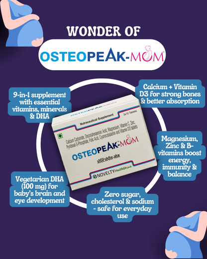 Osteopeak Mom has 9 in 1 supplement with essential vitamins, mineral & DHA, calcium & vitamin D3 for strong bones & better absorption, veg DHA for baby's brain & eye development, zero sugar, cholestrol & sodium- safe for everyday use, magnesium, zinc and B vitamins boost energy, immunity and balance