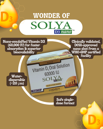 Solya D3 nano Vitamin D3 Oral Solution on a brown background text saying nano-emulsified vitamin D3 60,000 IU for faster absorption & superior bioavailability, clinically validated, DCGI approved nano shot from a WHO-GMP certified facility, water dispersible and safe single dose format